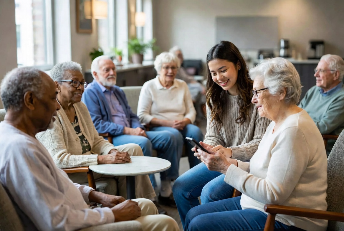Small senior technology help session in a community room