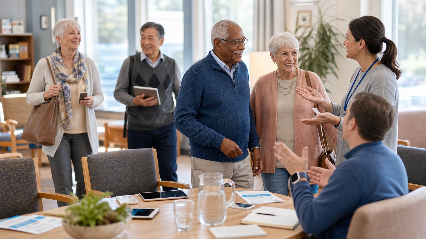 Activity director welcoming older adults to a tech help session